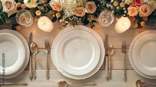 White plate and flower on light wood, pastel party elegance, festive table decor