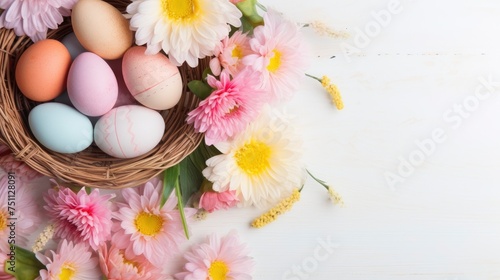 background flat lay with pastel-colored Easter eggs, grnerative ai photo