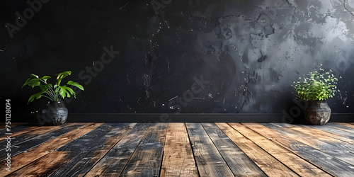  wooden floor background with planter Interior background of empty room with dark gray stucco wall with copy space and pot with plant 3d