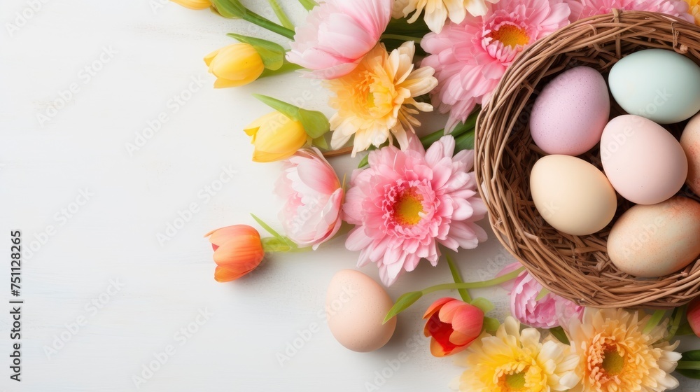 background flat lay with pastel-colored Easter eggs, grnerative ai background flat lay with pastel-colored Easter eggs, grnerative ai
