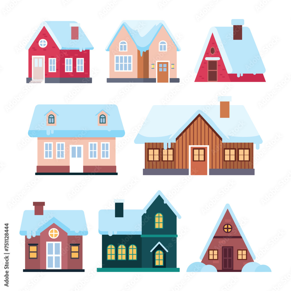 Set of Cute Snowy Suburban House set collection, Blue Rural Winter Cottage Vector Illustration, snowy house outside interior with building for facade landscape home cityscape cartoon.