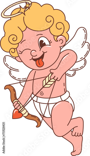 Cartoon retro groovy Valentine cherub cupid character with bow and arrow, vector 70s hippie art. Amour angel kid shooting with love heart arrow, groovy funky cupid for Valentine holiday or wedding