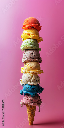 Rainbow Ice Cream Scoops Against Pink. A playful and colorful arrangement of ice cream scoops stacked high against a lively pink background.