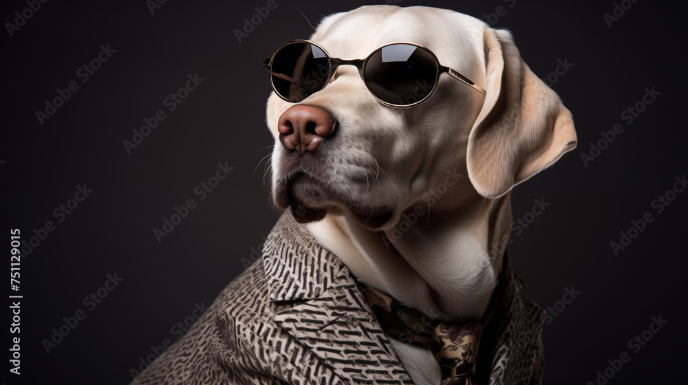 Labrador Retriever Wearing Sunglasses and Handsome Outfit. Generative AI. Labrador Retriever Wearing Sunglasses and Handsome Outfit. Generative AI.