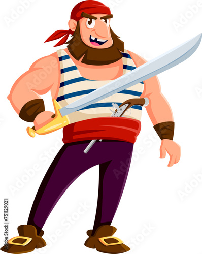 Cartoon pirate and corsair character with sabre. Isolated vector bearded sailor personage with cunning grin, wearing striped vest and bandana, brandishing gleaming sword, ready for high-seas adventure