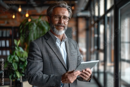 Happy middle aged business man ceo wearing suit standing in office using digital tablet. Smiling mature businessman professional executive manager looking away thinking working on tech device.