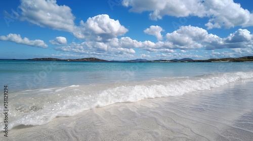 Crystal-clear waves gently kissing the sandy shore under a vibrant blue sky with fluffy clouds.