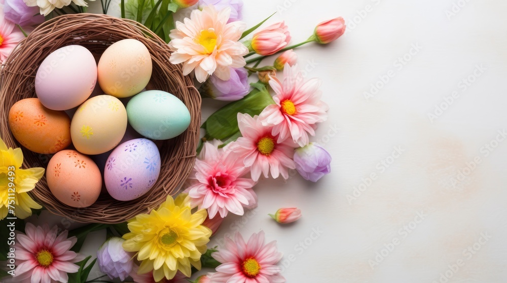 background flat lay with pastel-colored Easter eggs, grnerative ai background flat lay with pastel-colored Easter eggs, grnerative ai