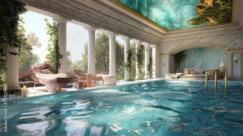 Daytime elegance shines in an image of a posh pool featuring underwater seating, surrounded by high-end design and scenic beauty © Exotic Graphics