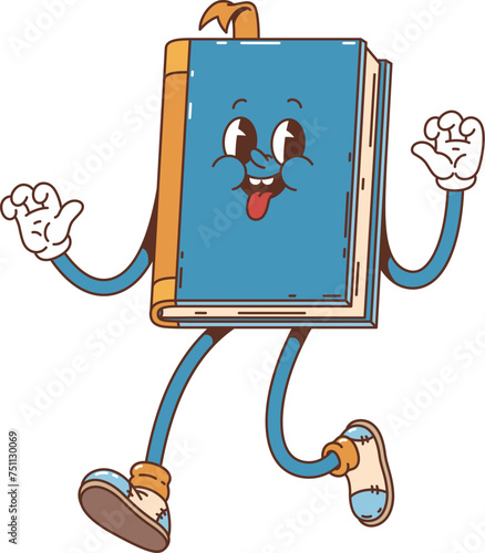 Cartoon book groovy character. Isolated vector whimsical textbook personage with sticking bookmark and tongue, expressive eyes and perpetual grin, ready for back to school education and adventures