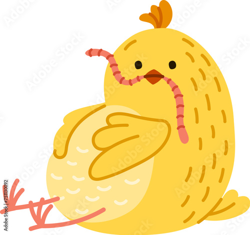 Cute chick with a worm. Isolated vector adorable, tiny chickling with yellow feathers, proudly clutches a wiggling earthworm in its beak. Easter holiday or poultry farm baby bird personage with a prey