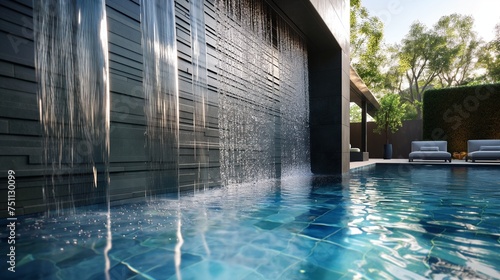 Daytime luxury showcased in a high-quality snapshot of an expansive pool, where water cascades down an artistic feature wall © Captured Moments.Co
