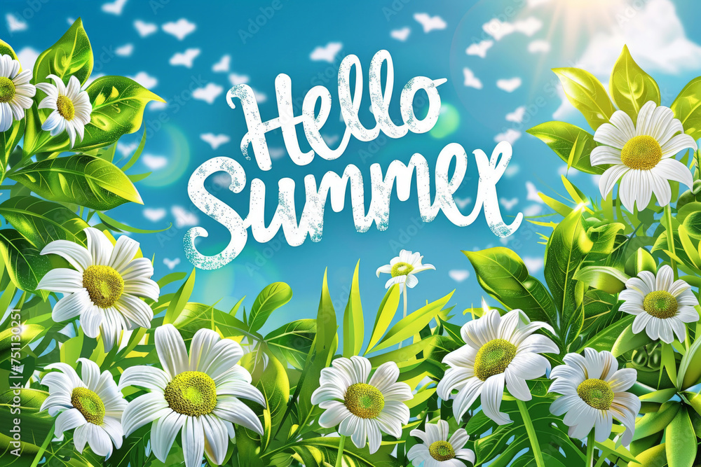 Fototapeta premium Hello summer banner with leaves and water with top view, Generative AI.