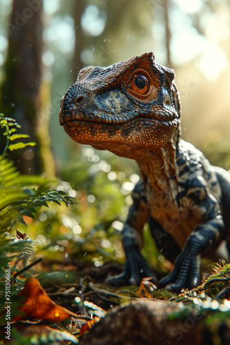 Stegosaurus dinosaur in the forest, close-up photo. © engkiang