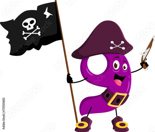 Cartoon math number nine pirate captain and corsair sailor character. Isolated vector fearless numeric buccaneer personage brandishes a flag adorned with skull and a gun, sailing the seas of equations