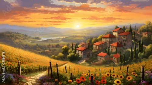 Landscape of Tuscany with sunflowers and houses at sunset