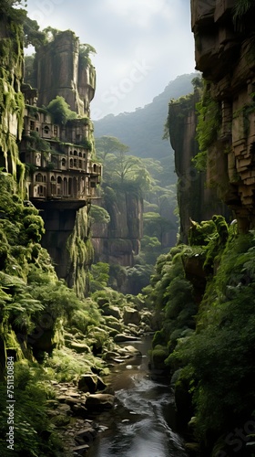 A dramatic canyon with towering rock formations