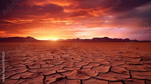 dramatic sunset over cracked earth. Desert landscape