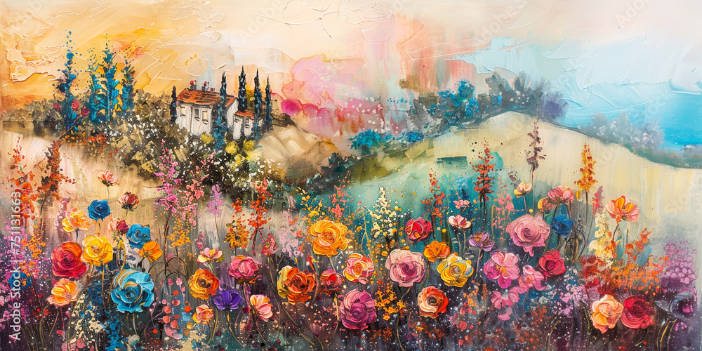Idyllic abstract landscape with  flowers, Oil paintig banner, panorama