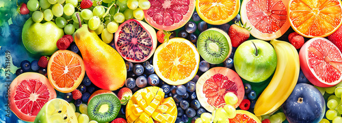 Fresh fruits . Top view. Summer watercolor illustratiion. © bit24