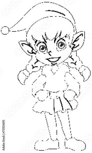 Line art of a smiling elf in festive attire.