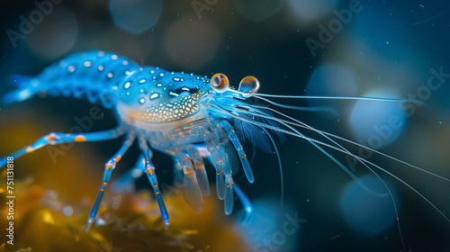 Vivid blue shrimp underwater close-up.