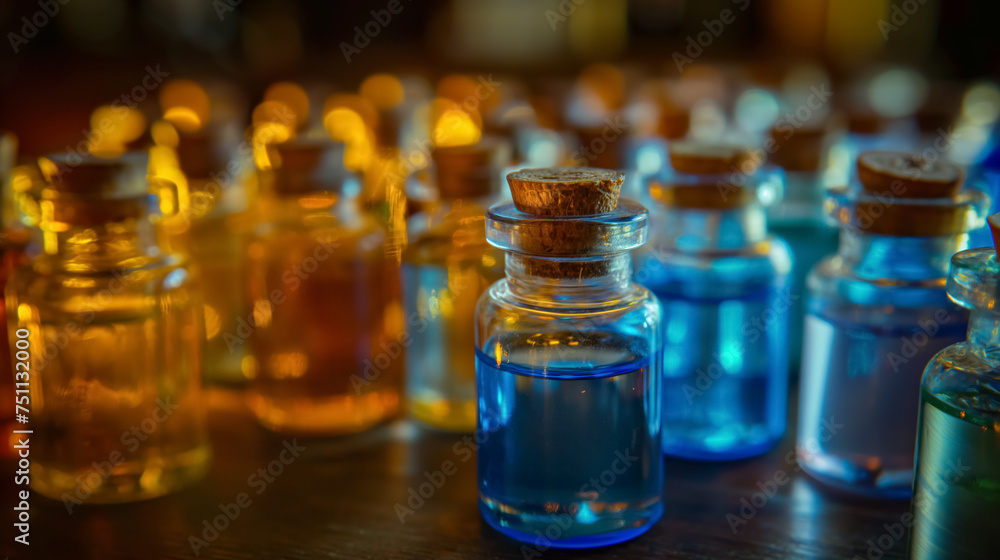 Array of colorful small bottles on a dark shelf. Array of colorful small bottles on a dark shelf.