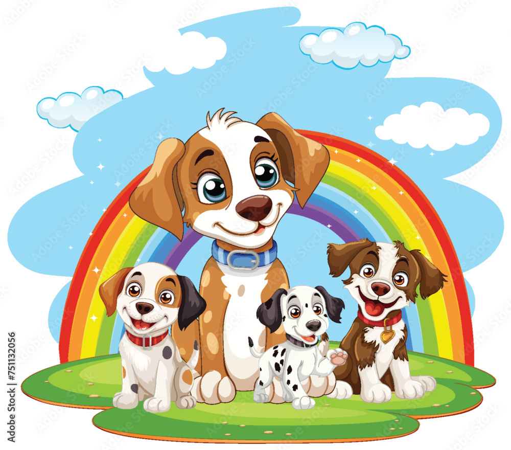 Four cartoon dogs smiling under a colorful rainbow - obrazy, fototapety, plakaty 
