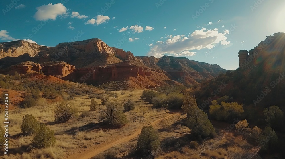 Naklejka premium Panoramic landscape view of beautiful red rock canyon formations during a vibrant sunny day