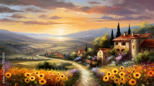 Panoramic view of the Tuscan countryside with sunflowers
