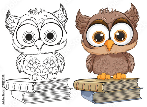 Two cartoon owls perched on stacked books