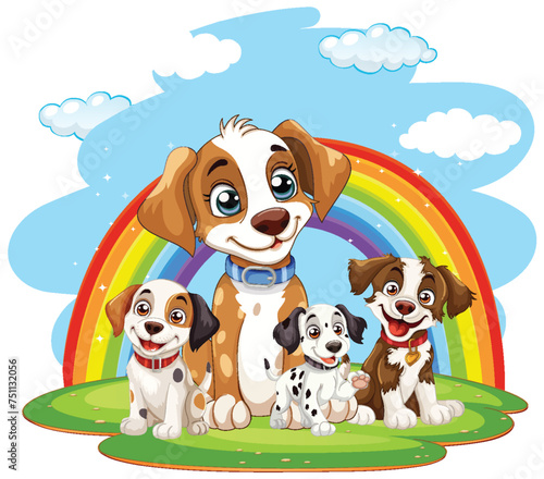 Four cartoon dogs smiling under a colorful rainbow