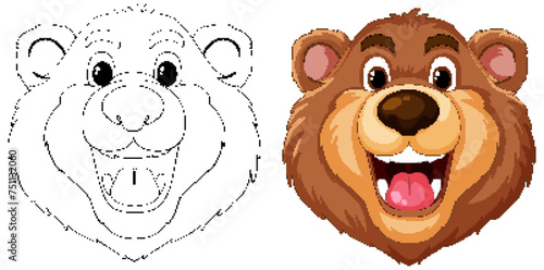 Vector graphics of a bear, one colored, one outlined