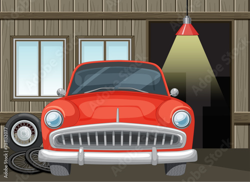 Red vintage car parked inside a wooden garage