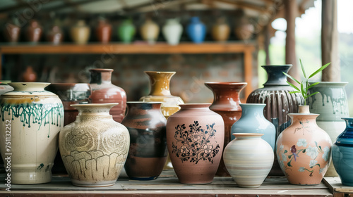 Assorted pottery on wooden shelves. photo