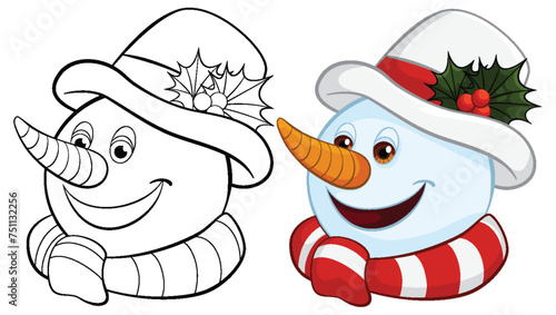 Two cheerful snowmen wearing holiday hats and scarves.