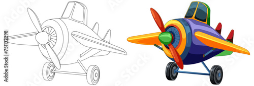 Vector illustration of a cartoon airplane, colored and outlined.