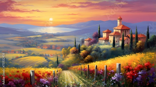Tuscany landscape at sunset. Panoramic view of the village.