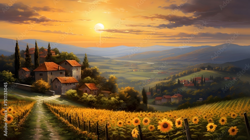 Sunflower field panorama at sunset in Tuscany, Italy