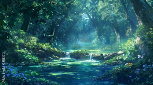 Crystal-clear stream flowing through a dense  enchanted forest.