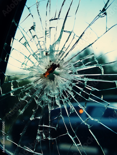 Windshield with Spidering Cracks , A Visual Representation of Shattered Glass Eliciting a Sense of Impact and Fragmentation.