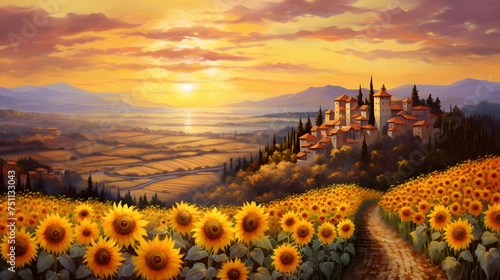 sunflower field at sunset - panoramic view of Tuscany