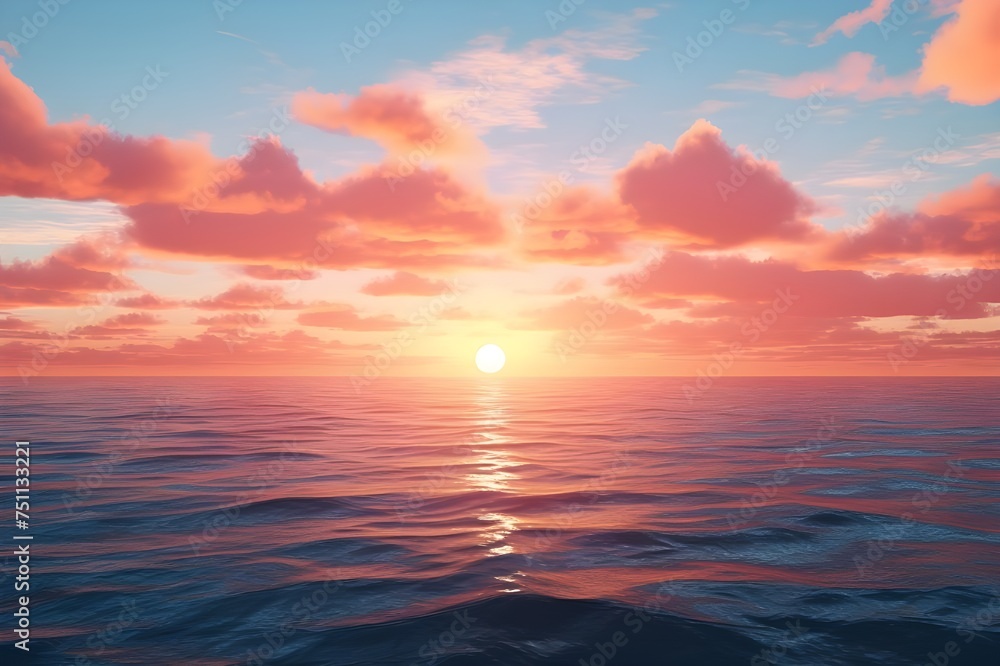 Serene Sunset Over the Ocean: A breathtaking view of the sun setting over calm waters, casting warm hues across the sky.

