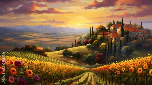 Landscape of Tuscany with sunflowers at sunset, Italy