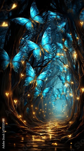 Abstract and magical image of Firefly flying in the night forest