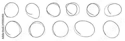 Hand drawn doodle grunge circle highlights. Charcoal pen round ovals. Marker scratch scribble in rounder. Round scrawl frames. Vector illustration of freehand painted circular note. Vector file.