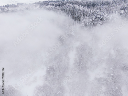 ドローン写真：霧が立ち込める、綺麗な雪に覆われた雪山 © snow-aiai