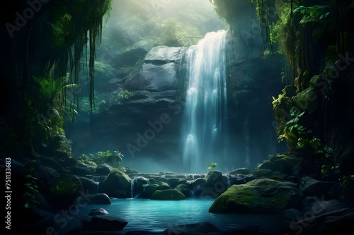 Ethereal Waterfall in the Rainforest: A magical waterfall surrounded by lush greenery in a tropical rainforest, creating a sense of wonder and tranquility.
