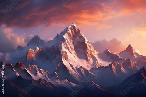 Majestic Mountain Peaks at Dawn: Capture the beauty of towering mountains as the first light of day breaks, illuminating snow-capped summits.