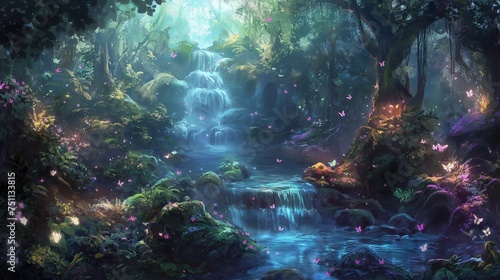 Crystal-clear stream flowing through a dense, enchanted forest.